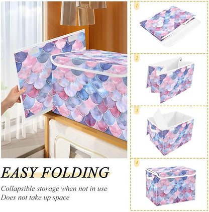 senya Baskets Collapsible Storage Bins with Lids, Purple Watercolor Mermaid Scales Storage Boxes Clothes Baskets for Organizing