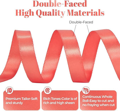 Coral Satin Ribbon, Double Faced 3/8 Inch X 25 Yards Coral Ribbon, for Gift Wrapping, Crafts, Hair Bow Making, Sewing, Flower Bouquet, Wedding Party Decor