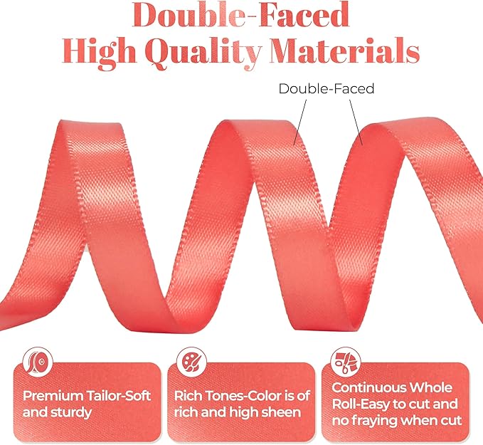 Coral Satin Ribbon, Double Faced 3/8 Inch X 50 Yards Coral Ribbon, for Gift Wrapping, Crafts, Hair Bow Making, Sewing, Flower Bouquet, Wedding Party Decor