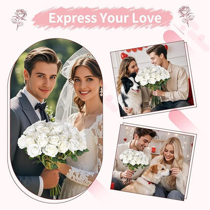 52 PCS White Roses Artificial Flowers, Fake White Roses Bouquet,White Artificial Silk Roses with Stems for Wedding Flowers Decoration, Valentines Day Mothers Day, Bridal Bouquet Roses