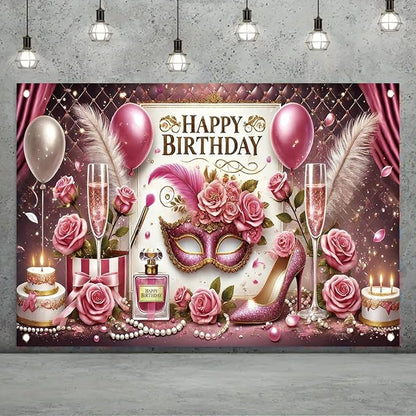 High Heel Birthday Party Backdrop, Glamorous Pink Gold High Heel Shoe Glitters, Polyester Fabric, Ideal for Women's Birthday Parties