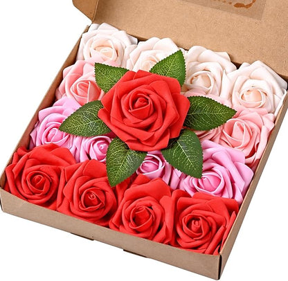 BLEUM CADE 16Pcs Artificial Flowers Fake Roses with Stems, Gradient Red & Pink Boxed Foam Roses for DIY Bouquets Centerpieces Wedding Party Arrangement Bridal Shower Decor