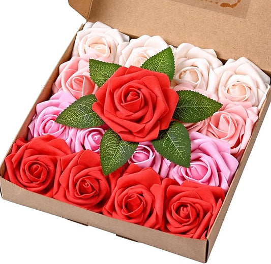 BLEUM CADE 16Pcs Artificial Flowers Fake Roses with Stems, Gradient Red & Pink Boxed Foam Roses for DIY Bouquets Centerpieces Wedding Party Arrangement Bridal Shower Decor