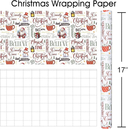 MAYPLUSS Christmas Wrapping Paper Roll - 17 In x 33 Feet - Cute Watercolor Santa Claus Snowman Christmas Gift Wrap Paper for New Year, Holiday, Kids