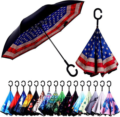 Inverted Umbrella, 49 Inch Double-Layer Vented Reverse Umbrella, Windproof Waterproof UV Protection, Lightweight C-Handle, Fiberglass Ribs, Steel Shaft, Travel/Commute/Car Use, With Sleeve
