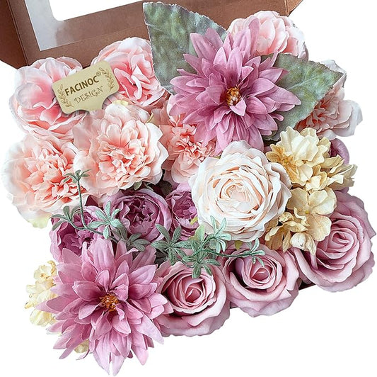Roses Artificial Flowers Pink Bouquets Box Set Fake Flower Bulk for DIY Wedding Bridal Baby Shower Decorations Party Table Centerpieces Silk Floral Arrangements for Home Decor Indoor