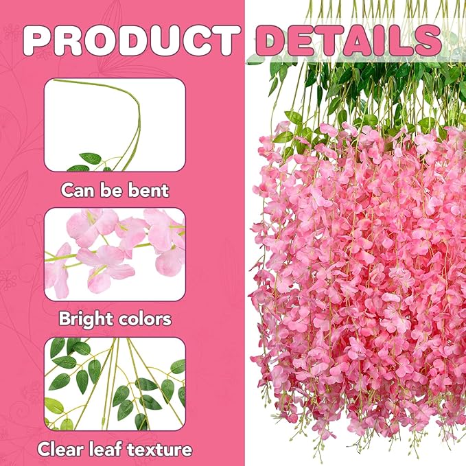 Wisteria Hanging Flowers,Fake Hanging Flowers,Wisteria artificiales Garland for Home Wedding Arch Floral Party Garden Ceremony Outdoor Decor,3.6 feet Long(108,Pink)