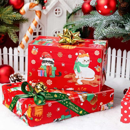 MAYPLUSS Christmas Wrapping Paper Roll - 17 Inch X 33 Feet - Cute Cat Christmas Hat Reversible Polka Dot Gift Wrapping Paper, Thick Wrap Paper for Holiday Party New Year Kids