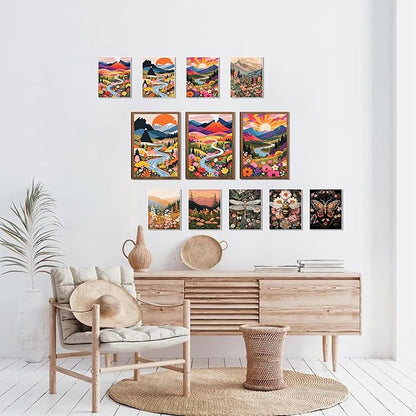 Nature Landscape Boho Wall Art Set of 3 12x16In Wood Framed,with 9 Bonus 8x10 Posters Prints, Abstract Ridge River Sunset Floral Canvas Paintings for Living Room Bedroom Office