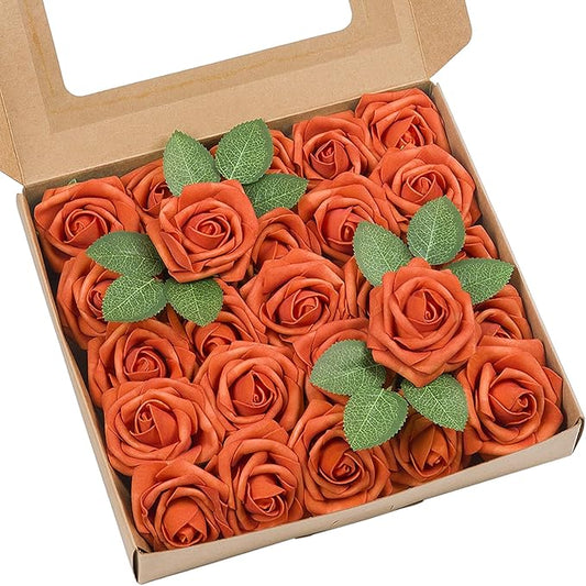Meldel Artificial Flowers 50pcs Real Looking Orange Foam Fake Roses with Stems for DIY Wedding Bouquets Bridal Shower Centerpieces Floral Arrangements Home Decorations Bulk Rose