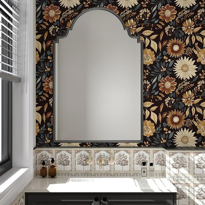 Extra Long Vintage Wallpaper Peel and Stick, 17.5" x 393" Boho Dark Floral Sunflower Contact Paper for Bedroom Cubicle Door, Retro Abstract Removable Antique Wall Paper Art Decor Black Orange