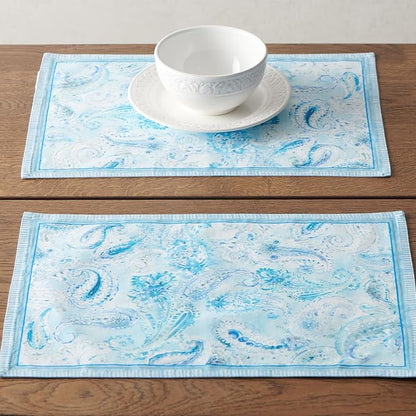Maison d' Hermine Placemat 100% Combed Cotton Premium Set of 4 Decorative Washable Place Mats Table Cloth Placemat, Dining, Kitchen, Parties & Camping - Paisley Blues (13"x19")