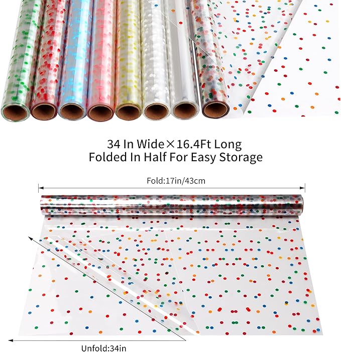 CMFYHM 8 Rolls clear Cellophane Wrap Roll (34 in x 16.4 ft x 8 Colors) Extra Wide Transparent Polka Dots Cellophane Wrapping for Gift Baskets,Flowers, DIY Craft,Baby Shower, Easter,Christmas