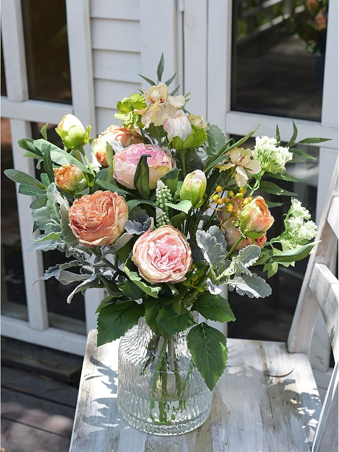 FiveSeasonStuff Vintage Dusty Coral Pink Peonies – Realistic Artificial Silk Flowers with Dry-Look Petals, 6 Stems for Rustic Antique Home & Wedding Bridesmaids Bouquet Bridal Showers