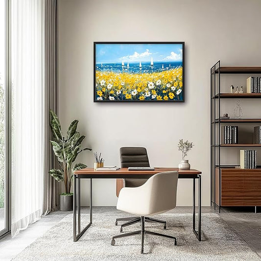 Coastal Flowers Large Wall Art Framed Blue Wall Decor for Living Room Ocean Sailboat Pictures Oversized Canvas Print Painting Modern Extra Large Framed Artwork for Bedroom Office 36"x24"
