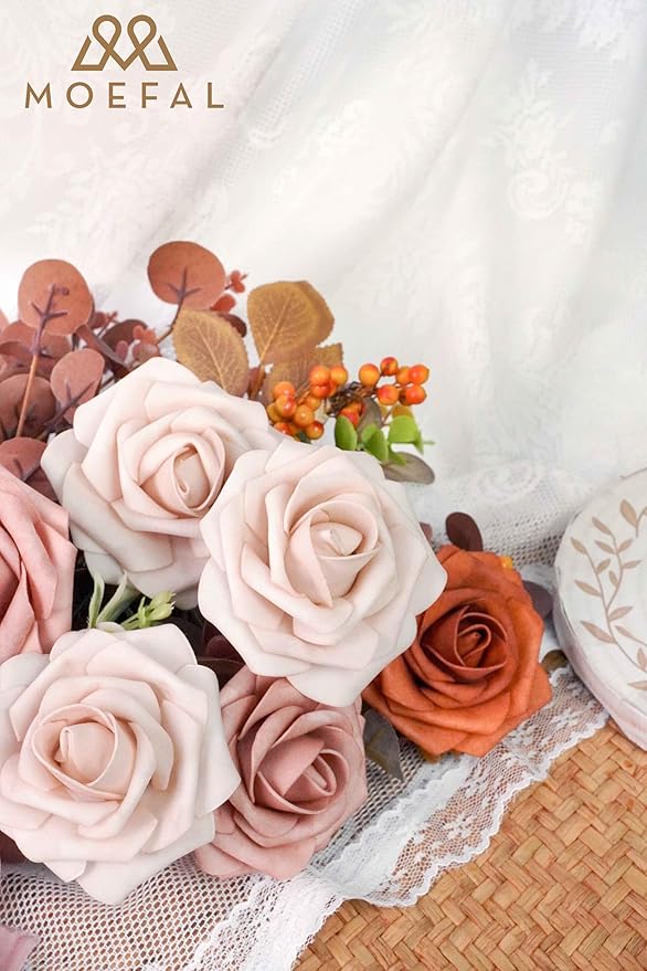 25Pcs Artificial Foam Roses 3 Inch, Terracotta Sunset Palette with Burnt Orange & Nude Shades, Realistic Flowers for DIY Boho Wedding Bouquets, Centerpieces, Fall Decor