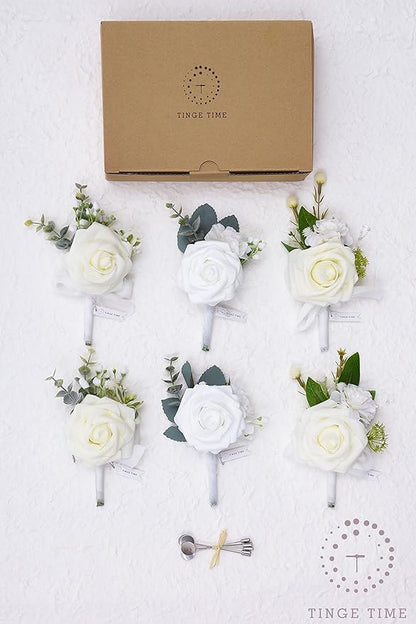 TingeTime Boutonniere for Men Wedding,Groom and Best Man Boutonniere for Wedding Ceremony Anniversary, Formal Dinner Party and Rustic Spring Wedding Marriage (6, Virginal White)