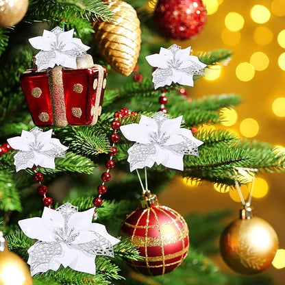 Boao 24 Pieces Christmas Artificial Glitter Poinsettia Flowers Xmas Flowers Wedding Christmas Tree New Year Ornaments(White)