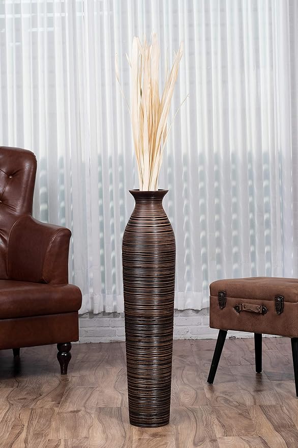 Leewadee Large Brown Home Decor Floor Vase - Wooden 34 inch Tall Farmhouse Decor Flower Holder for Fake Plant and Pampas Grass
