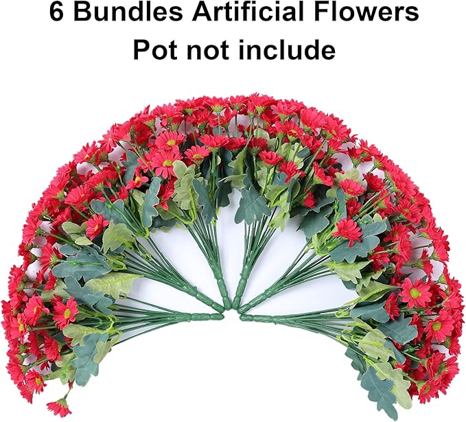 Daisy Artificial Flowers for Outdoors Summer Fall Decor, 6 Bundles Fake Mums Silk Flowers for Outside Look Real UV Resistant Fake Plants Faux Flowers for Planter Front Door Home Indoor Porch, Hot Pink