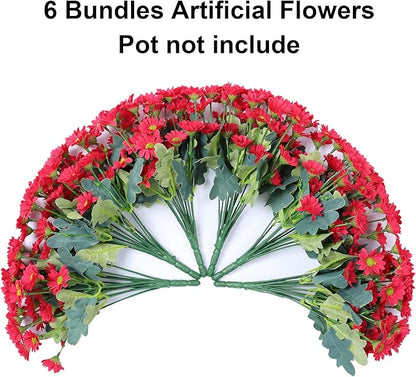 Daisy Artificial Flowers for Outdoors Summer Fall Decor, 6 Bundles Fake Mums Silk Flowers for Outside Look Real UV Resistant Fake Plants Faux Flowers for Planter Front Door Home Indoor Porch, Hot Pink