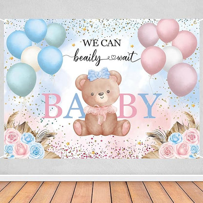 7x5ft Teddy Bear Gender Reveal Party Decorations, We Can Bearly Wait Baby Shower Backdrop, Blue Pink Balloon Floral Banner for Boy or Girl Baby Shower Photography Background