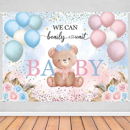 7x5ft Teddy Bear Gender Reveal Party Decorations, We Can Bearly Wait Baby Shower Backdrop, Blue Pink Balloon Floral Banner for Boy or Girl Baby Shower Photography Background