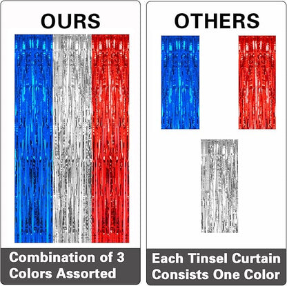 2 Pack 3.2 x 8.2 ft Red White and Blue Foil Fringe Backdrop Curtain, Streamer Backdrop Tinsel Curtains Photo Booth Props for Graduation Birthday Memo