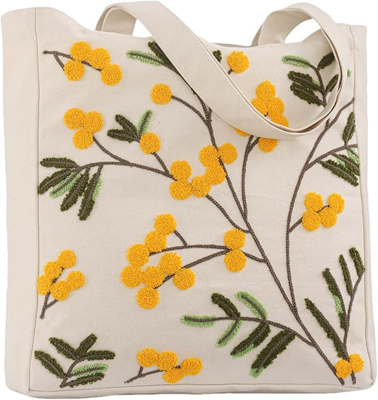 Aesthetic Embroidery Tote Bag for Lady Cute Reusable Canvas Shoulder Bag for Girls Women Shopping Grocery