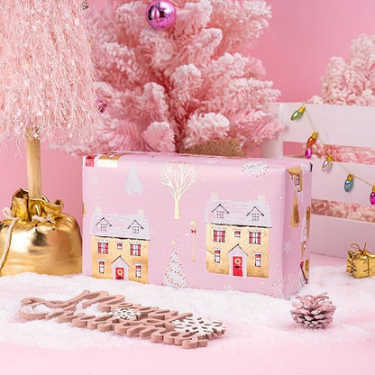 WRAPAHOLIC Christmas Wrapping Paper Roll - Mini Roll - 3 Rolls - 17 Inch X 120 Inch Per Roll - Pink and Gold House, Christmas tree, Snowflake Holiday Collection with Metallic Foil Shine