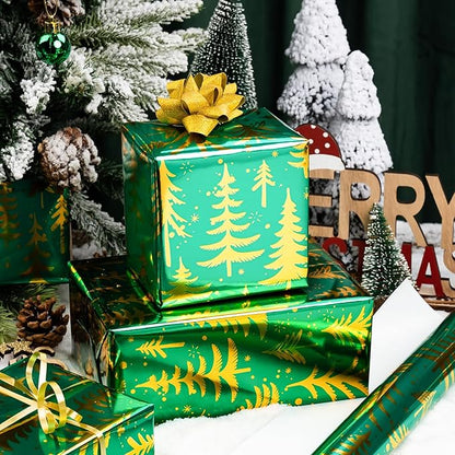 MAYPLUSS Vintage Green Christmas Wrapping Paper Roll - 17 Inch X 33 Feet - Metallic Gold Foil Christmas Tree On Green Flat Wrap Paper Sheet for Holiday, Winter, Party, DIY Crafts & Festive Decoration