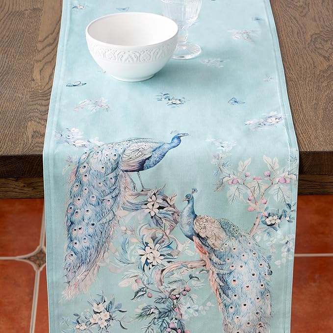 Maison d' Hermine Tablerunners 100% Combed Cotton Premium Table Runner Decorative Table Cover, Home, Kitchen, Peacock Utopia - Pastel Turquoise, Double Layer - (14.5"x72")