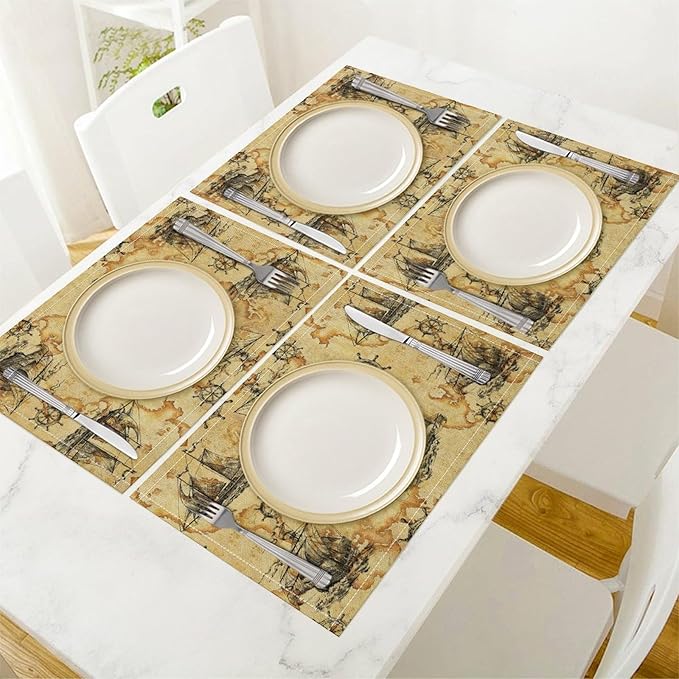 Nautical Themed Placemats Beach Vintage Map Boat Art Printed Dining Table Mats Set of 4 for Restaurant Home Kitchen Holiday Picnic Party Decor 12x18in