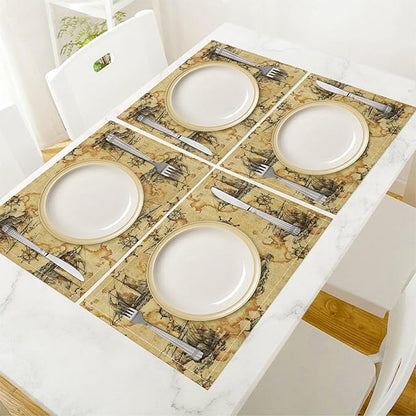 Nautical Themed Placemats Beach Vintage Map Boat Art Printed Dining Table Mats Set of 4 for Restaurant Home Kitchen Holiday Picnic Party Decor 12x18in