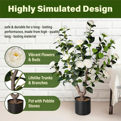 Artificial Camellia Tree,2Pack 3FT Faux White Camellia Plants in Pots,Lifelike Artificial Flower Trees for Indoor Outdoor Home Decor,Realistic Blooming Faux Plants for Bedroom Porch Patio Office