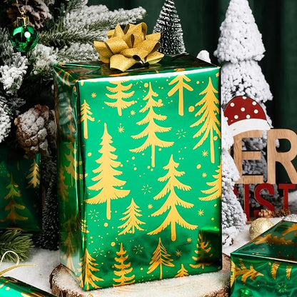 MAYPLUSS Vintage Green Christmas Wrapping Paper Roll - 17 Inch X 33 Feet - Metallic Gold Foil Christmas Tree On Green Flat Wrap Paper Sheet for Holiday, Winter, Party, DIY Crafts & Festive Decoration