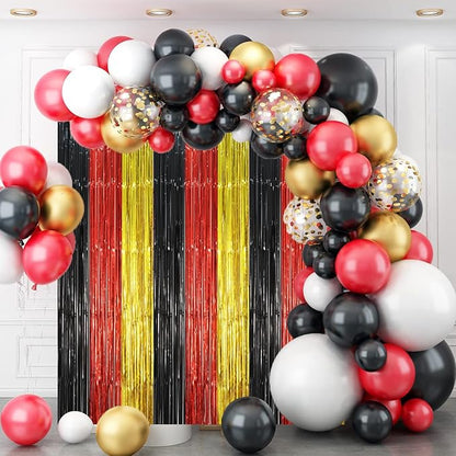 2 Pack Red Black Gold Foil Fringe Backdrop Curtains, Tinsel Streamers Party Decorations, Fringe Backdrop, Door Shimmer for Thanksgiving Day or Birthday Party