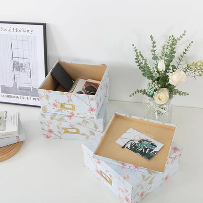 Soul & Lane Decorative Cardboard Storage Boxes - Set of 3 Square Stacking Boxes with Lids and Gold Label Holders, Nesting Photo Storage for Decor and Organizing, Pale Blue