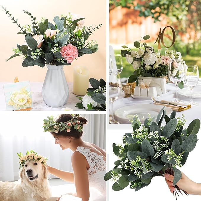 Janinka 60 Pcs Mixed Eucalyptus Leaves Stems Bulk Artificial Eucalyptus Leaves with White Seeds Artificial Silver Dollar Sprays Faux Oval for Floral Wreath Bouquets Wedding Greenery Decoration