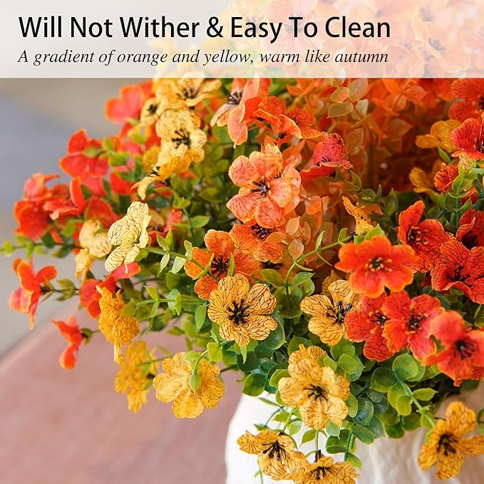 10 Bunch Artificial Fall Fake Flowers Bouquet with Plastic Plants Eucalyptus Faux Flowers for Outdoors Decoration,Home Decor,Vase Arrangements,Thanksgiving Gift, (Orange-Yellow)