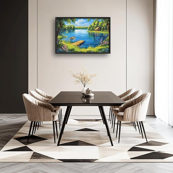 Large Green Lake Wall Art for Living Room, Framed Oversized Tree Boat Wildflowers Wall Decor Nature Landscape Canvas Painting Modern Artwork for Bathroom Bedroom Office Dining Room 36"x24"