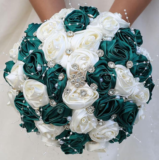 Bridal Wedding Bouquet Round Bling Brooch Bouquet Throw Toss Artificial Rose Flower Bunch for Bride Bridesmaid Wedding Quinceanera(Dark Green & Ivory, 9.8")