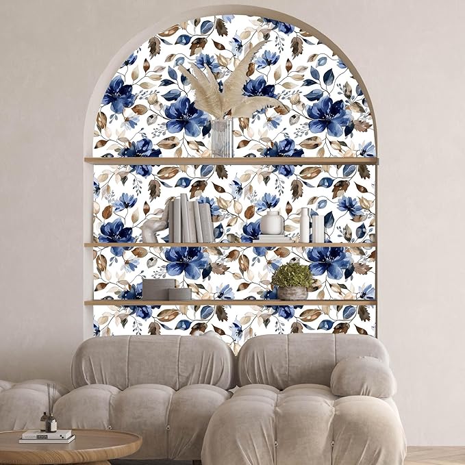 Blue Floral Peel and Stick Wallpaper Modern Contact Paper Waterproof Botanical Flower Removable Self Adhesive Wallpaper for Bathroom Bedroom Living Room Cabinets 17.7"x212.6"