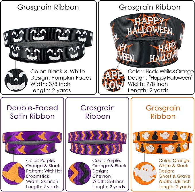 MEEDEE 3/8 inch 1 inch Halloween Ribbon Set Spooky October Ribbon Assortment 5 Rolls 10 Yards Halloween Crafts, Fall Gift Wrap, Party Decorations, Autumn Wreaths, Trim Bundle, Wreath Bow Supplies