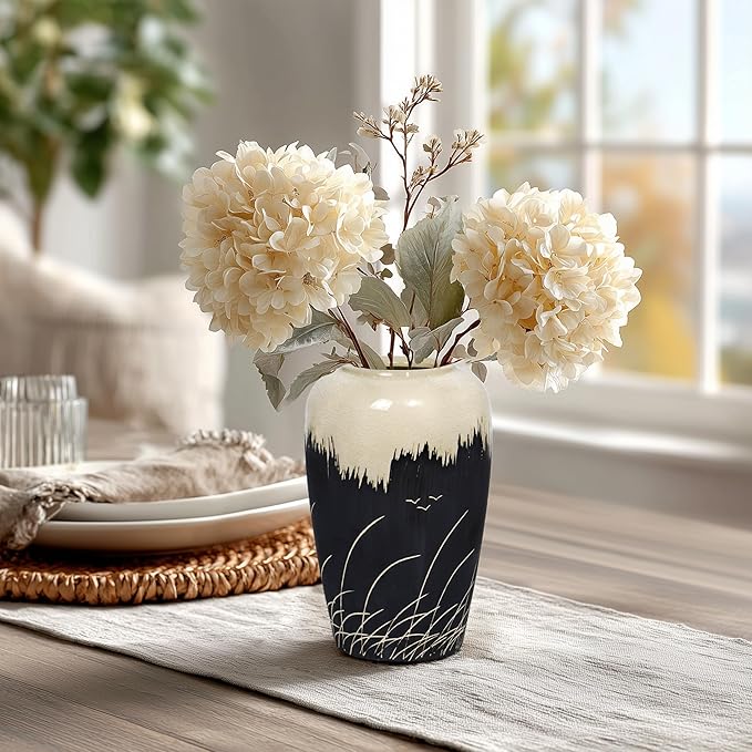 Black and White Vase, 8 Inch Modern Ceramic Vase for Pampas Grass, Farmhouse Decorative Vases for Home Decor, Centerpiece for Kitchen Table, Living Room Shelf Decor