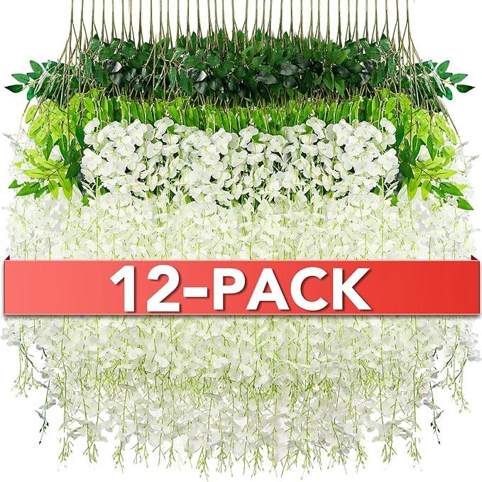 Wisteria Hanging Flowers,Fake Hanging Flowers,Wisteria artificiales Garland for Home Wedding Arch Floral Party Garden Ceremony Outdoor Decor,3.6 feet Long(12,White)