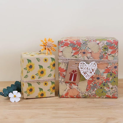 Aimyoo Sunflower Kraft Wrapping Paper Roll - Mini Roll - 17 in x 32.8 ft - All Occasion Floral Gift Wrap Paper for Wedding Bridal Shower Birthday