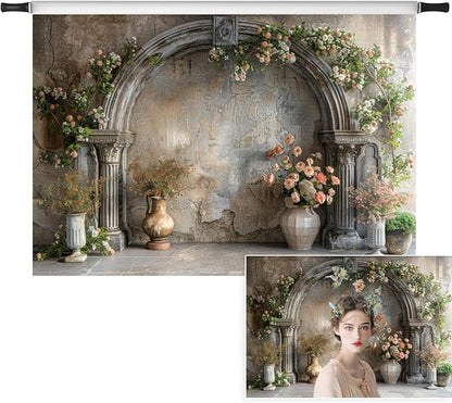 7x5ft Vintage Flower Backdrop Countryside Pink Floral Old Concrete Wall Photography Background for Wedding Valentines Day Mother-to-be Bridal Shower Birthday Princess Couples Portraits