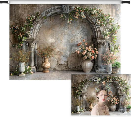 7x5ft Vintage Flower Backdrop Countryside Pink Floral Old Concrete Wall Photography Background for Wedding Valentines Day Mother-to-be Bridal Shower Birthday Princess Couples Portraits