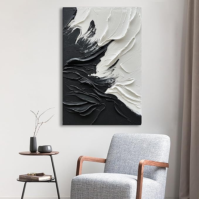 Epicler art Hand painted black and white abstract wall decoration oil Thick texture Minimalist art 36x24 inches